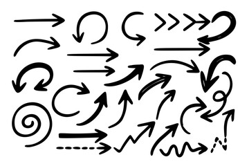 High quality Hand-drawn black ink arrows in diverse styles and directions on white background. Curved, zigzag, spiral, and dashed arrows in a playful, organic ink style.