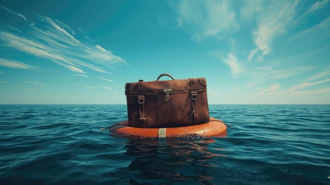 Old leather suitcase in orange lifebuoy on vast ocean