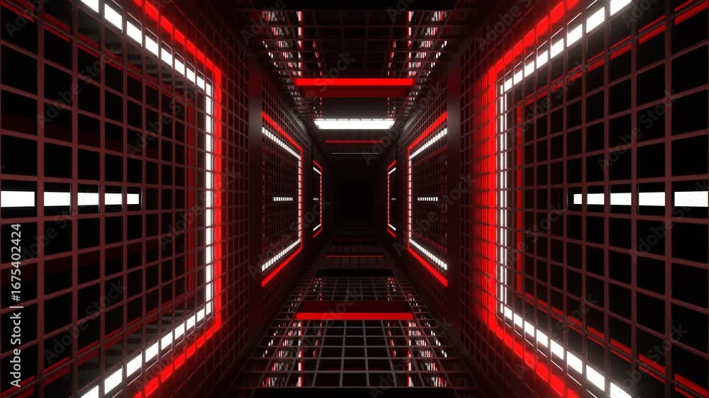 Poster futuristic sci-fi tunnel with pulsating red and white neon lights creating an endless digital pathwa