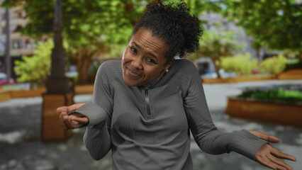 Fototapeta premium Woman scratches head on a leafy street near wooden benches and green trees in a puzzled gesture under midday light; uncertainty.