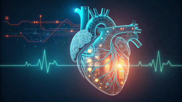 Futuristic Heart Illustration with Glowing Circuitry and Vital Signs for Medical Technology Innovation and Cardiovascular Health Awareness