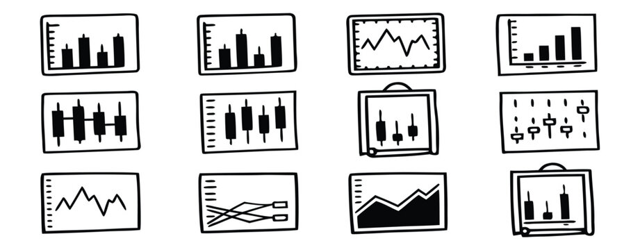 Hand drawn financial chart icons including candlestick, line, and bar graphs on white background