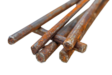 Broken steel rod collection displayed on a white background showcasing wear and corrosion effects with a focus on texture and detail revealing weathered metal surfaces