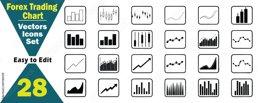 Poster twenty-eight black and white vector icons for financial trading charts and graphs with editable text