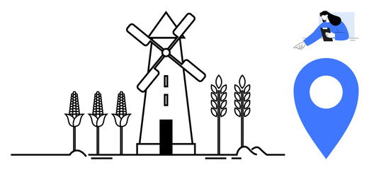 Windmill surrounded by corn and wheat, blue location pin symbolizing navigation, and a person analyzing content. Ideal for agriculture, sustainability, technology, farming, supply chains, education