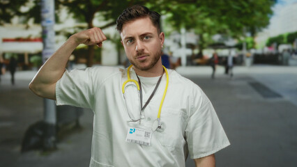 Young caucasian doctor with beard flexing bicep on city street outdoors, wearing stethoscope and...