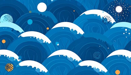 Stylized Blue Ocean Waves with White Foam and Celestial Elements.