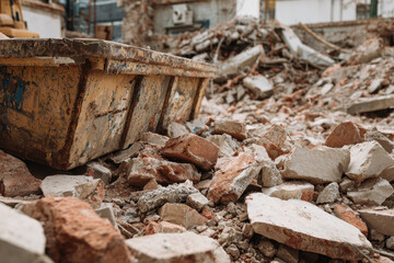 Fototapeta premium Shattered remnants of construction debris scattered across a demolition site during bright daylight hours in an urban environment