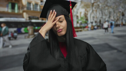 Young hispanic woman in graduation attire standing on a city street outdoors, looking concerned,...