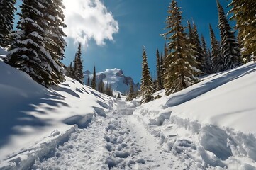 Snowy mountain trail winding through snow covered evergreen trees under a bright blue sky