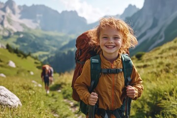 Smiling child hiking with backpack in mountains
