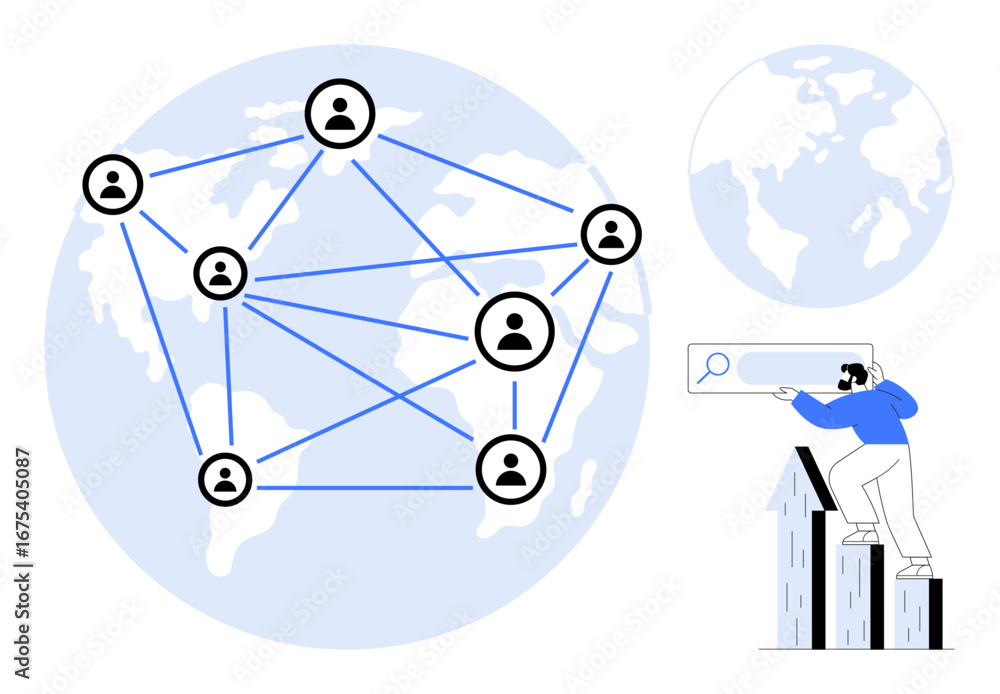 Poster map with connected user icons symbolizing a global network, person using a search bar atop buildings