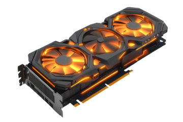 High performance modern graphics card features advanced cooling system and vibrant lighting, designed for gaming and intensive graphic tasks, showcasing sleek aesthetics and powerful capabilities
