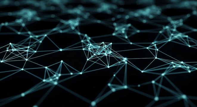 Abstract network illustration with glowing nodes and connections over black background, concept for neural networks, artificial intelligence and data science visualization