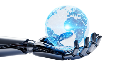robotic hand holding a glowing globe representing AI global technology, isolated on white background.