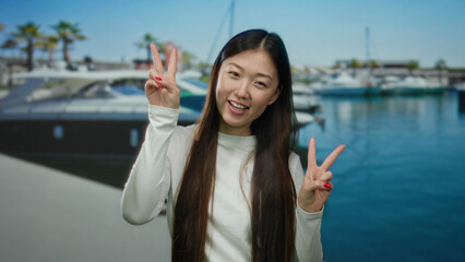 Woman smiling outdoors with peace sign at seaside port with boats in background on a sunny day.