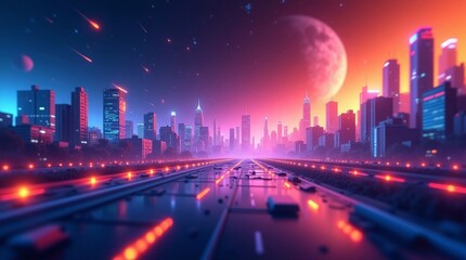 Fototapeta premium Neon Cityscape Night Train Tracks Pink Blue Sunset