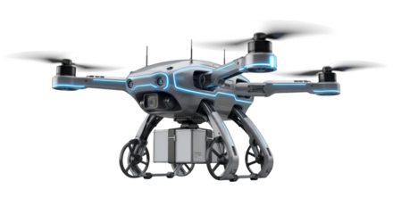 AI drone carrying a package for delivery, sharp details, isolated on a pure white background.