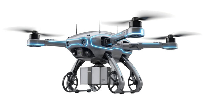 AI drone carrying a package for delivery, sharp details, isolated on a pure white background.