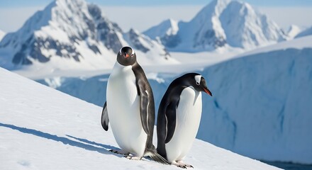 Fototapeta premium Two Gentoo Penguins Standing on Snowy Hillside with Snowy Mountains in the Background, Cold Climate Wildlife.