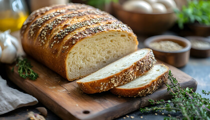 Rustic loaf sliced kitchen counter herbs background