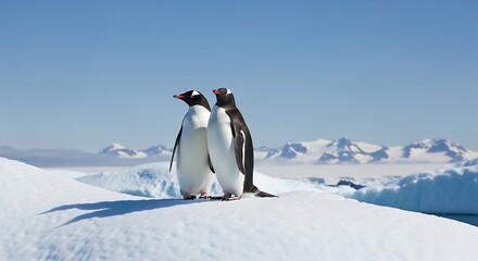 Naklejka premium Two Penguins Standing on Ice with Snowy Mountains in the Background Under a Clear Sky Landscape.