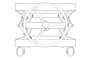 Scissor Lift Table Technical Drawing Wireframe - Isometric Vector Outline Illustration for Industrial Engineering Design, Mechanical Structure, and Manufacturing Process Blueprint