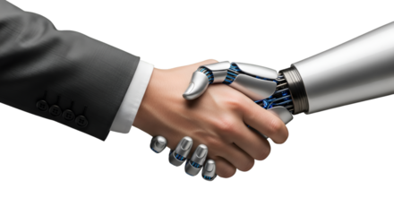 A human hand shaking a robotic metallic hand symbolizing AI collaboration, isolated on a white background.