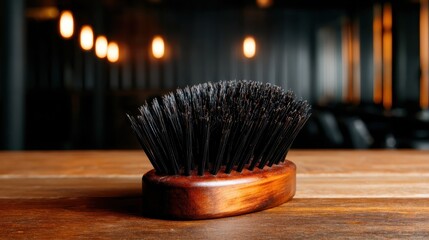 A beautifully crafted wooden hairbrush with sleek black bristles rests on a rustic wooden table, capturing elegance and functionality in everyday grooming tools.