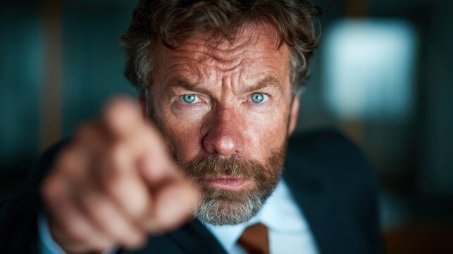 A determined businessman with a striking appearance, pointing assertively, embodying confidence and leadership in the corporate environment.