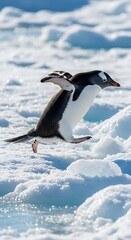 Fototapeta premium Penguin Striding Swiftly Across Ice, A Crisp Cold Landscape with Glistening Snow and Blue Water Reflections Under Bright Sunlight.