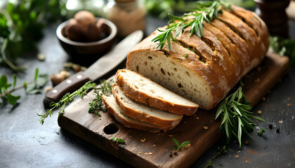 Rustic loaf sliced kitchen counter herbs background