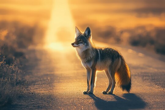 Coyote standing on desert road at sunset