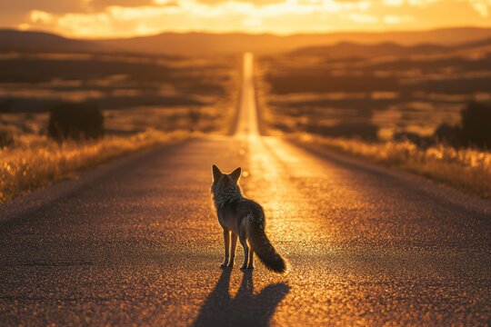 Coyote standing on desert road at sunset