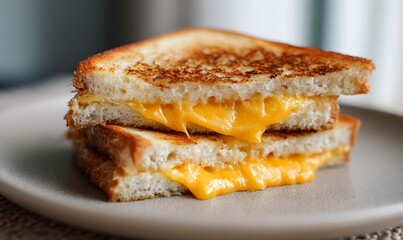 a golden-brown grilled cheese sandwich, sliced in half and stacked