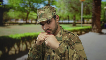 Man in camouflage uniform raises clenched fist in fighting pose in forest setting with dog tags...
