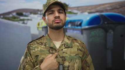 Young man points finger to dog tag on military uniform in street next to large recycling bins;...