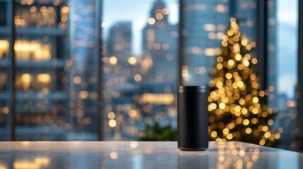 Black Cylindrical Container with Cityscape and Festive Christmas Tree in Modern Lounge