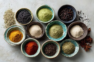 Variety of colorful spices including turmeric, paprika, pepper and anise displayed in ceramic bowls. Culinary ingredients concept symbolizing cooking, natural flavors and healthy lifestyle.