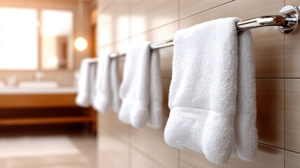 Luxurious, fluffy white towels are neatly hung on a chrome rack in a contemporary bathroom, creating a spa-like atmosphere that promotes relaxation and comfort.