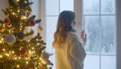 Woman looking at snowy winter scene by christmas tree