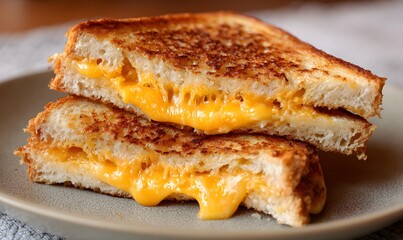 a golden-brown grilled cheese sandwich, sliced in half and stacked