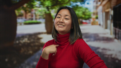 Fototapeta premium Woman smiling in red sweater points at herself on a vibrant city street, showcasing a self-assured attitude against an urban outdoor backdrop in a lively, sunny environment.