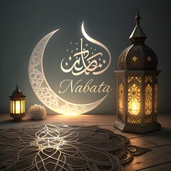 "A softly illuminated decorative scene with an Islamic-inspired ambiance. A glowing crescent moon-shaped lamp hangs, with elegant calligraphy text inside it. Beside it, a traditional ornate lantern em