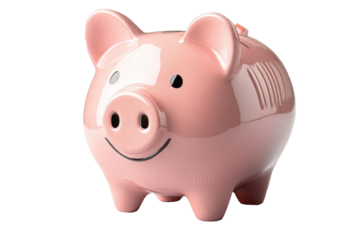 Bright pink piggy bank stands isolated with a transparent background, highlighting its cheerful expression and shiny surface