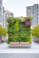 Vertical garden wall enhances urban plaza with vibrant greenery and flowers near contemporary apartments