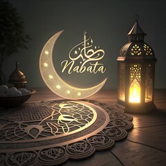 "A softly illuminated decorative scene with an Islamic-inspired ambiance. A glowing crescent moon-shaped lamp hangs, with elegant calligraphy text inside it. Beside it, a traditional ornate lantern em