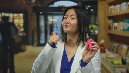 Young woman in library holding ecigarette making ok gesture, blending modern digital theme with indoor knowledge setting, suggesting vaping culture amidst books.