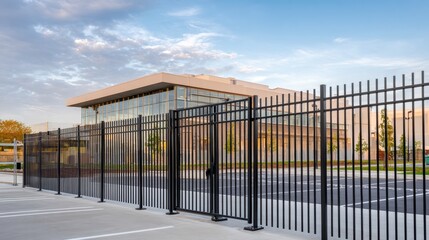 High security metal fence surrounds modern data center at dusk with surveillance cameras ensuring safety