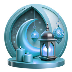"A softly illuminated decorative scene with an Islamic-inspired ambiance. A glowing crescent moon-shaped lamp hangs, with elegant calligraphy text inside it. Beside it, a traditional ornate lantern em